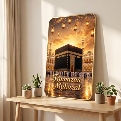 Image of SAF Islamic Ramadan Mubarak Kaaba Wall Painting with Premium PVC Golden Frame, Makkah Mosque Lantern Art, Muslim Religious Home Decor for Prayer Room (13x19 Inch) MG-36044