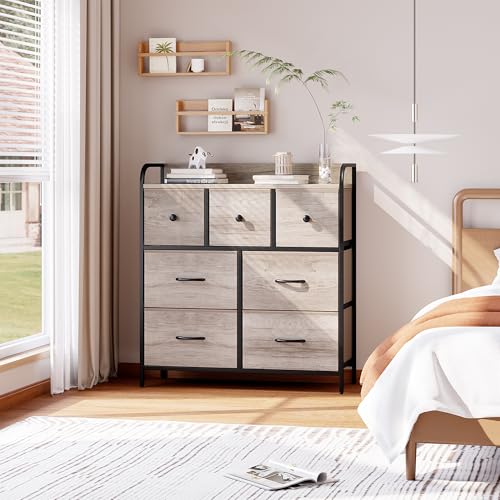 Nicehill チェスト タンス 収納チェスト 衣裝ケース リビング 収納 転倒防止 衣類収納 組立簡単 木製天板 布製 引き出し付き 大容量収納 3段7杯【幅79×奥行29×高さ85cm】(ライトウッドグレイン) [2]