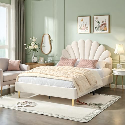 NLDGR Polsterbett Doppelbett 140 x 200 cm, Mädchen Bett, Kinderbett 140x200 mit Lattenrost, Bettgestell mit Kopfteil in Blumenform, Jugendbett...