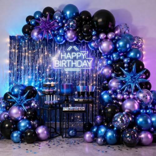 Image of Black Blue and Purple Balloons, 12 Inch Metallic Blue Purple Black | Silver Confetti Balloons for Kids Boys Outer Space Astronaut Birthday Baby Shower Video Game Party Decorations