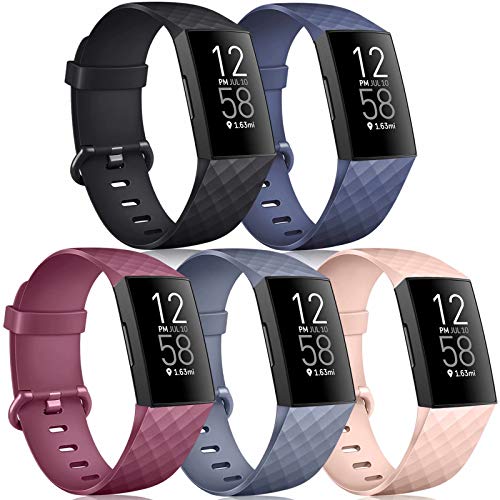 Tobfit [5 Pack] Wristbands Compatible with Fitbit Charge 4 Bands and Fitbit Charge 3 Bands for Women Men, Soft Silicone Sports Bands, Black/Navy Blue/Slate Gray/Pink/Wine red, Small