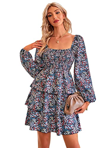 Robe à manches lanternes et imprimé floral col carré noir XL