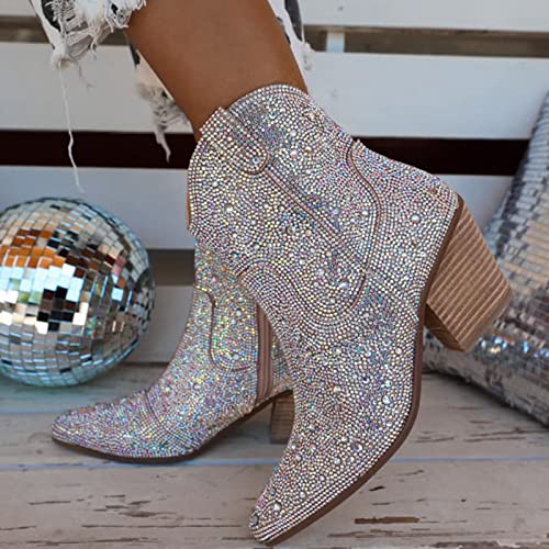 Gloryinterest Womens Rhinestone Ankle Boots Sparkly Glitter Chunky Heel Western Pointed Toe Crystal Cowboy Short Booties Silver Us4-10, Silver, 36 #TOP6