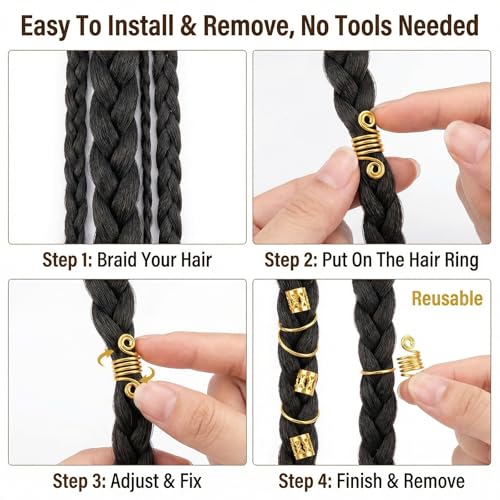 60 Piezas Accesorios de Pelo de Metal en Estilos Variados - Anillos de Puño, Cuentas en Espiral, Botones Dreadlock, Decoraciones de Trenzas, Horquillas para Extensión de Pelo (Oro y Plata) miniatura 5