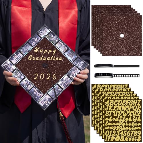 Gersoniel 6 Sets Graduation Cap Topper Decoration Kit for 2026,Glitter Cardstock,Film Style Tape & Letter Sticker Construction Paper for Graduation Cap for Grad Party Craft DIY Decor(Dark Brown)