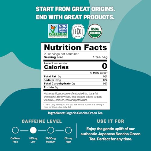 Image of FGO Organic Japanese Sencha Green Tea, 20 Count, Eco-Conscious Tea Bags, Resealable Bag, Packaging May Vary (Pack of 1)