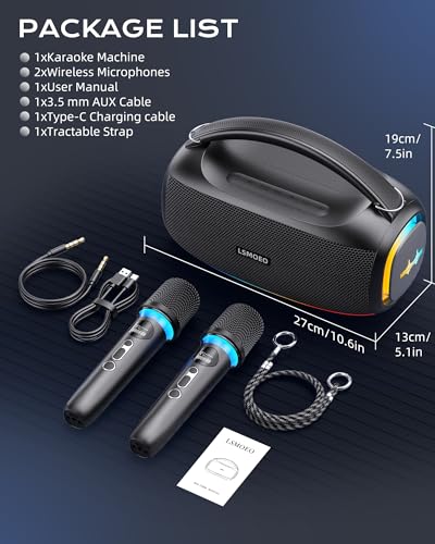 Image of Karaoke Machine,IPX5 Waterproof Portable Bluetooth 5.3 Speaker with 2 Wireless Microphones for Adults & Kids,60W PA System Supports TWS /TF Card /USB /AUX /Live for Home Party-Black