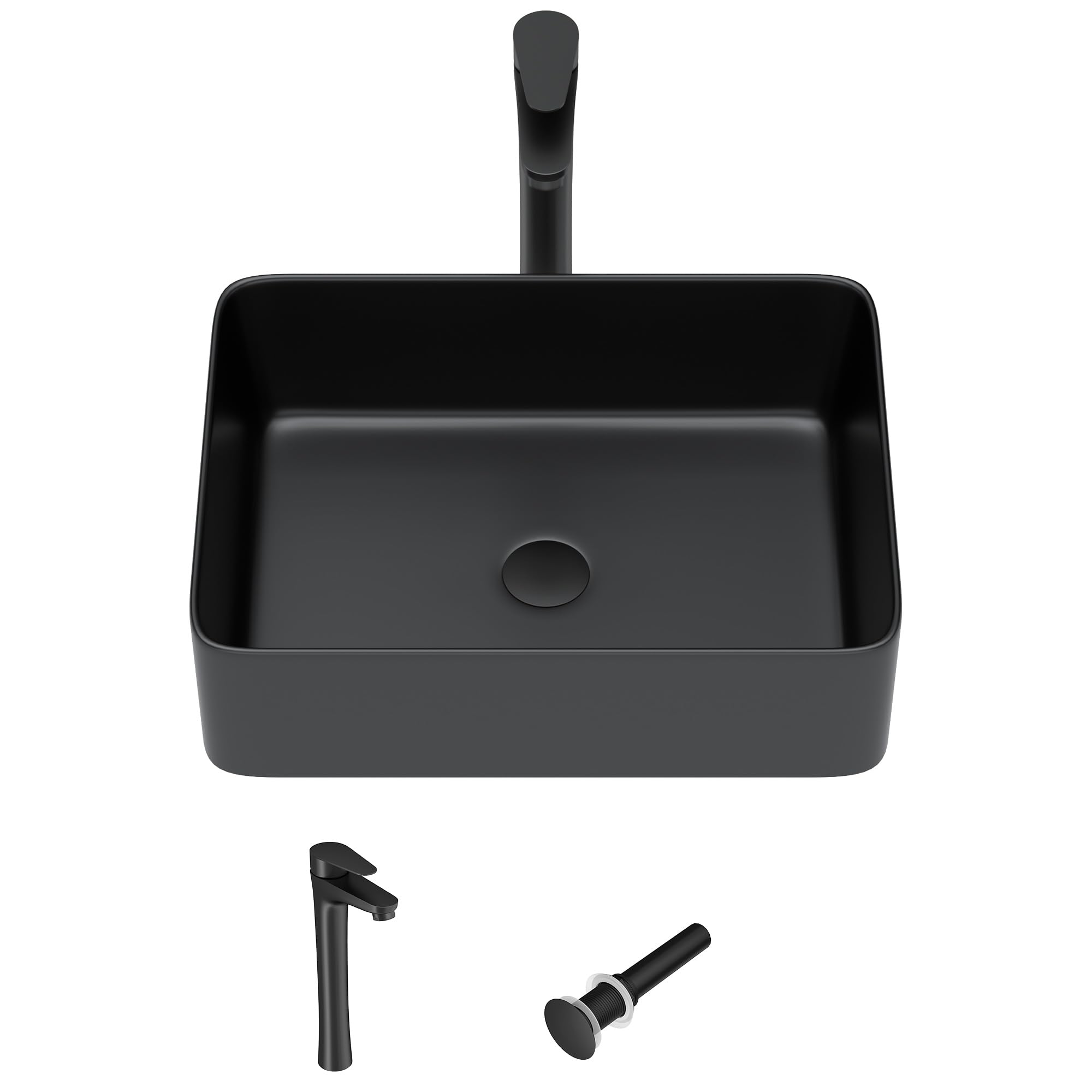 Fulorni 19"x15" Bathroom Vessel Sink Rectangular with Faucet Combo & Pop-Up Drain - Matte Black Porcelain Ceramic Rectangle Above Counter Vanity