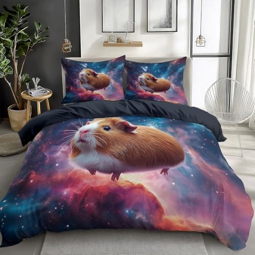 Duvet Cover King Size Starry Sky Animal Hamster Reversible 3 Pieces Duvet Cover Set, Bedding Set for All Season, Soft and Breathable Bedding Set with Zipper Closure