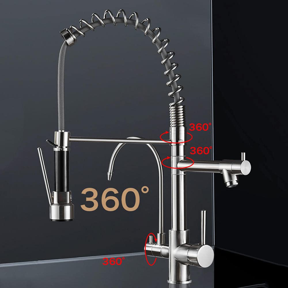 Grifo de cocina de 3 vías con filtro de agua, grifo mezclador para fregadero de cocina, llenador de ollas y caño con resorte, manguera extraíble, rociador, grifo mezclador para fregadero, purificador