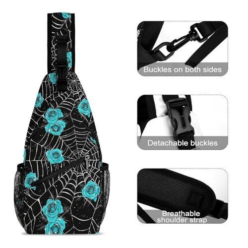 Spider Web Cobwebs Blue Rose Sling Bag Crossbody Travel Hiking Chest Multipurpose Travel Daypack for Women Men3
