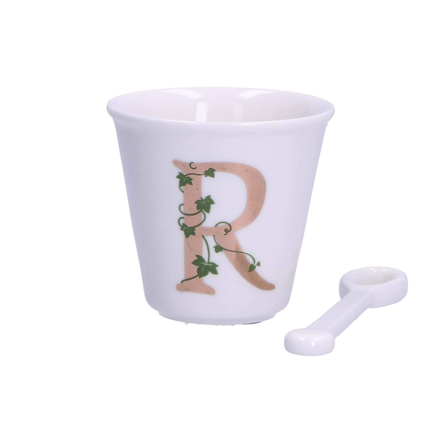 La Porcellana Bianca - Letter R Cup with Spoon - Home Furniture, Kitchen - Unique Line - Gift Idea - Porcelain - 75 CC; Diameter 6.7; H 6 cm
