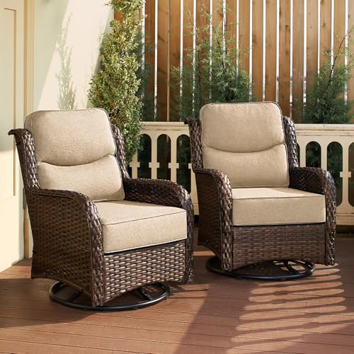 HILLGA Luxury Patio Furniture Set with 6-inch Thick Cushion, Outdoor High Back Swivel Rocker Patio Chairs, 2PCS Wicker Conversation Set for Deck Yard and Poolside, Beige (V2)