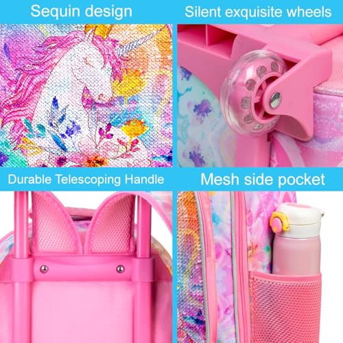 CCJPX 3PCS Kids Rolling Backpack for Girls, Unicorn Sequin Roller Wheeled Bookbag Toddler Elementary School Bag with Wheels3