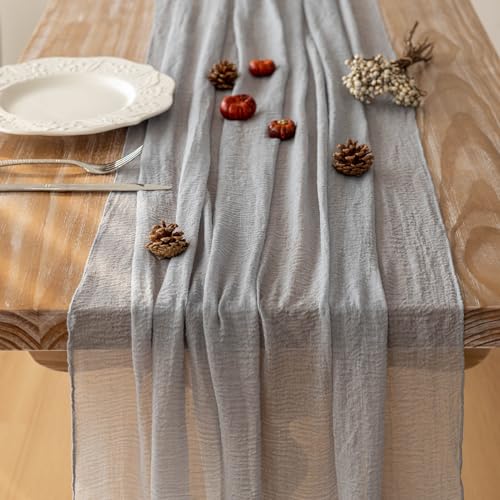 Image of 2Pcs Dusty Blue Cheesecloth Table Runner 120 Inches for Party Home Decor | Ideal for wedding baby shower bridal shower birthday engagement party,or adding rustic boho charm to daily home.