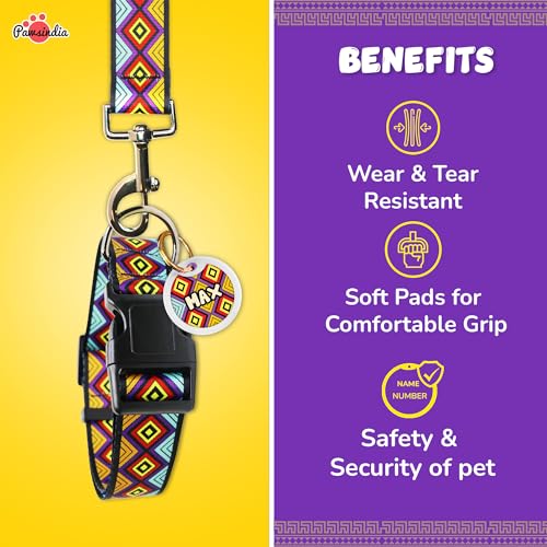 Image of Pawsindia Leash and Collar with Name Tag for Dogs, Aztec Print with 1.5 Inches Width Adjustable Collar and 4 Feet Heavy Duty Leash with Customize Nametag
