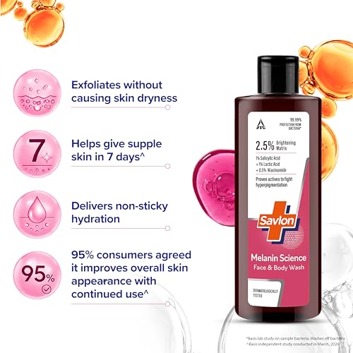 Image of Savlon Melanin Science Face & Body Wash 250ml | With 1% Salicylic Acid + 1% Lactic Acid + 0.5% Niacinamide | Fights Hyperpigmentation | Helps Renew Dull Skin in 7 Days | Dermatologically Tested