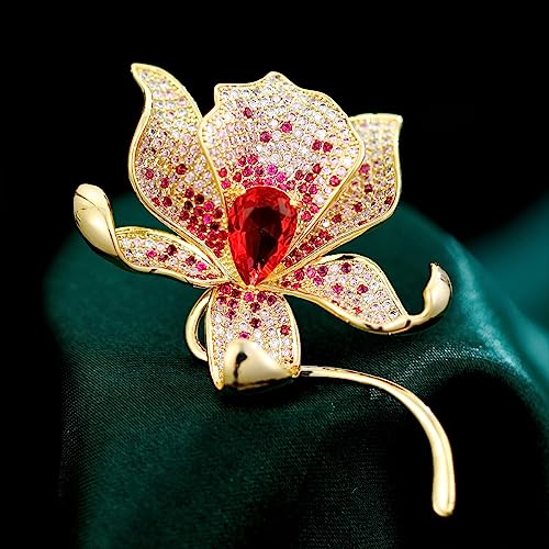 Image of Stunning Handmade Lily Brooch in 14K Gold with Crystal Encrusted, Luxurious Moissanite Botanical Floral Corsage, Ideal Botanical Theme Shawl Accessory