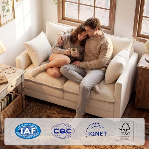 Image of Loveseat Sofa with Cloud 3-Layer Cushion & 27 inch Deep Seat, Modern Small Couch with 2 Washable Pillows for Small Spaces, Bedroom, Apartment, Office, Living Room, in a Box, 50-Inch Beige
