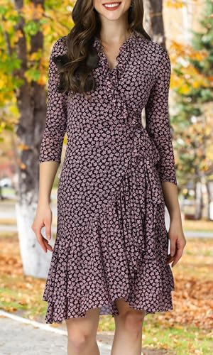 Image of KOH KOH Womens Long Sleeve Wrap Ruffled Wedding Guest Print Mini Dress