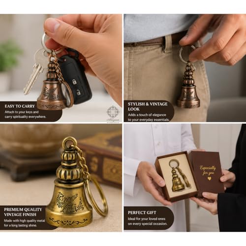 Image of Vintage Bell Keychain, Bronze, Golden and Silver, Premium Metal, Griffin Engraved, 3 Color Combo Set. Antique Vintage Design Keychain for Car, Bike, Bags & Gifts