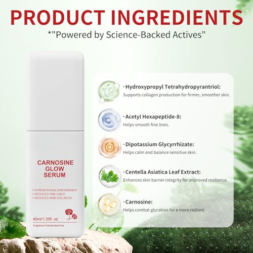 Roseye Carnosine Glow Serum 1.35 Fl Oz – Hydrating Facial Serum with Centella Asiatica & Peptides, Supports Skin Barrier, Smooths Fine Lines, Improves Texture, Fragrance-Free, Alcohol-Free
