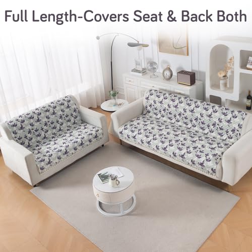 Image of HOKIPO Lavender Vine Quilted Sofa Cover 3 Seater and 2 Seater with Tassels Set - 5 Seater Sofa Cover (3+2) for Seat & Back | 'Tassel Twigs' Series (IN-991-T1 + IN-990-T1)