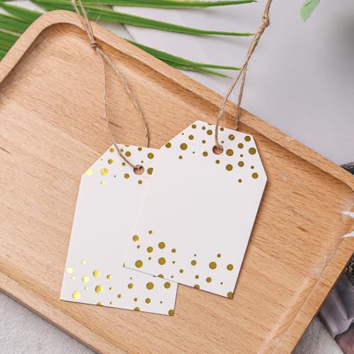 SallyFashion 40PCS Gift Tags with String Attached, 2 x 3 inch Foil Gold Dots Gift Tags for Wedding Present Wrapping Birthday Party Favors