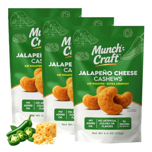 Munch Craft Gourmet Jalapeño Cheese Cashews (3-Pack) – Perfectly Balanced Flavor (Savory Cheddar &amp; Zesty Heat) – Extra Crunchy Air-Roasted Nuts, Oil-Free – No Artificial Colors or Flavors – Three 4.4 oz Bags (13.2 oz Total)