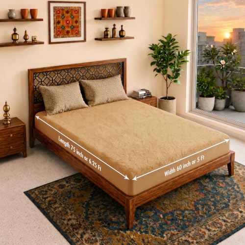 Image of Lithara Terry Cotton Fitted Mattress Protector for Queen /Double Bed | Waterproof & Elastic Band | Ultra Soft & Hypoallergenic Mattress Cover | Size : 60 x 75 Inches (5 x 6.25 Feet) | (Beige)