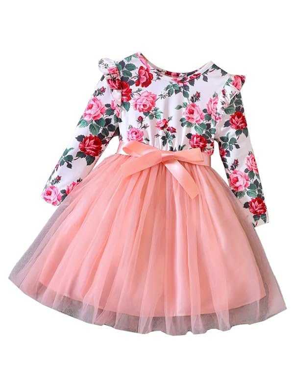 Image of Niren Enterprise 1019 Long Sleeve Printed Flower Belted Square Neck Baby Girl Frock with Knee-Length and A-Line Style