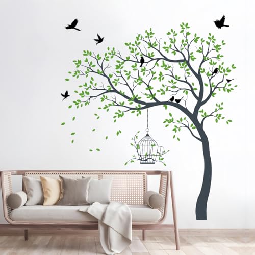 Image of Rawpockets Tree with Birds and Cage Self Adhesive Wall Sticker (Light Green)-Vinyl