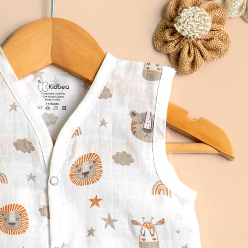 Image of Kidbea Newborn Baby Jhabla Muslin Cotton Clothes for Boys & Girls | Soft Breathable, Cute Printed Sleeveless Baby Wear with Button Closure