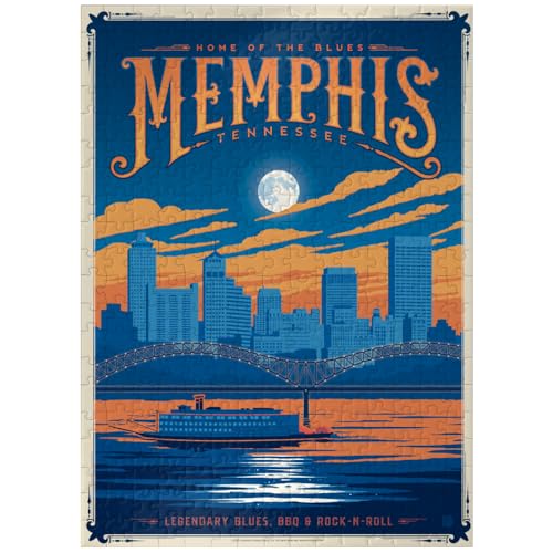 MyPuzzle Memphis, TN: Home of Blues, Rock N' Roll, and Soul, Vintage Poster - Premium 300 Piece Jigsaw Puzzle for Adults