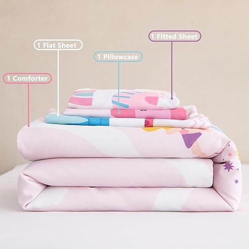 Miniatura 7 de PERFEMET Juego de ropa de cama de 4 piezas para niñas, castillo rosa, cuentos de hadas, juego de edredón reversible colorido estampado de princesa