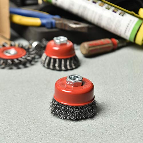 Image of Aain AA017 2 Pack Wire Wheel Brush Cup Brush Set, 3 Inch Crimped Cup Brush for Angle Grinder,5 /8-Inch-11 Threaded Arbor,Max RPM 12,500, Light-Duty Conditioning for Metal, Rust Removal, Abrasives