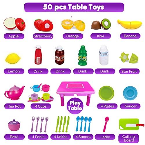 50-Pcs Foldable Play Table With Tea Set For Little Girls, Kitchen Toys Play Dishes, Play Food & Cutting Fruits, Toy Knife & Utensils | Play Kitchen Accessory Play Dish Sets For Toddler Girl Toy Gift #TOP6