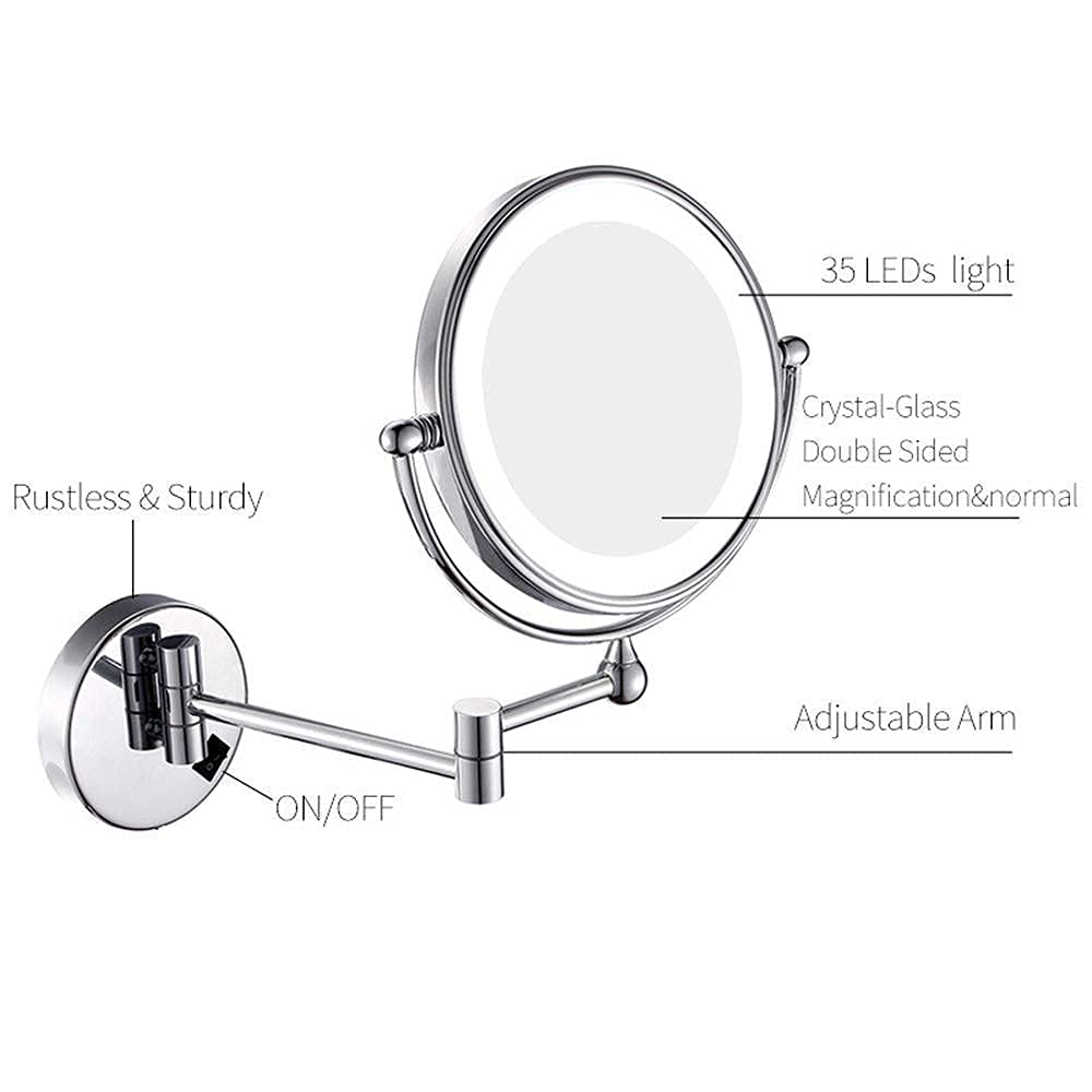 Specchio da Trucco a Parete Illuminato, ingrandimento 7X, Specchio da Bagno Estensibile in Ottone, Finitura cromata, Design Pieghevole, Perfetto per la Cura della Persona e Il Trucco.