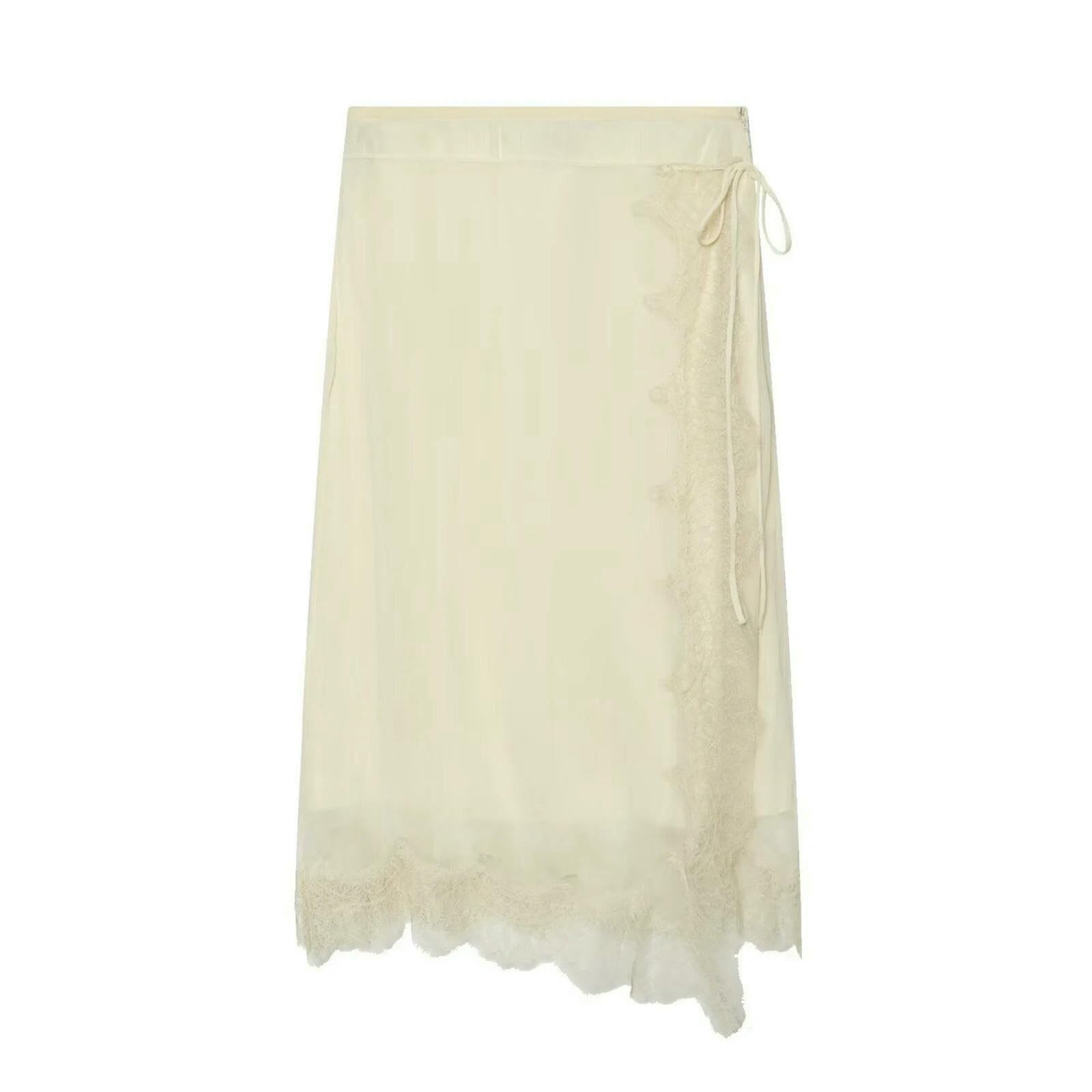 Gonna Lunga Donne Avvolgere Cravatta Vita Midi Scalloped Pizzo Trim Leggero Chiffon Flowy Split Casual Giornaliero Vacanza Abbigliamento Fondo-Beige-l