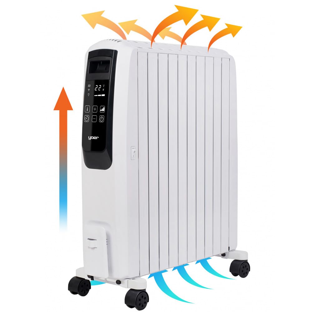 Yoer Inferno OFR1025W, Elektryczny grzejnik olejowy, 2500W, Efekt komina, Wi-Fi, Pilot, 10 żeberek, Kółka, Nawijacz na przewód, biały