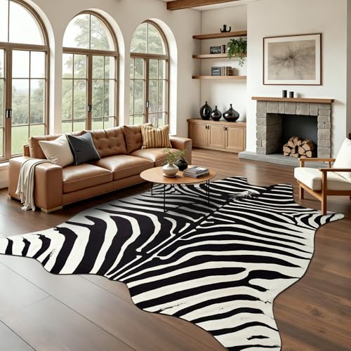 BENRON Premium Zebra Rugs for Living Room Bedroom, Non-Slip Throw Rug for Home Decor, Faux Zebra Print Animal Skin Carpets, Black and White, Ivory, 6.2 x 7 ft