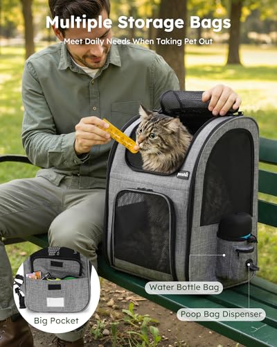 pecute Haustier Rucksack mit Netzfenster XL für 6-10 kg, Tragbare und Faltbare Katzentasche, Atmungsaktive und Leichte Hundetasche, Wasserdichtes Oxford-Tuch mit Viel Platz, Multifunktionales Grau