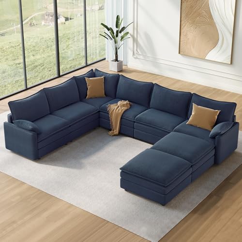 Image of Vesgantti Large Modular Sectional Sofa, Big Comfy Cloud Couch with Ottoman Deep Seat Chenille Cloud Sofa, 8 Seater Large Sectional Couches for Living Room, Bedroom and Apartment, Blue