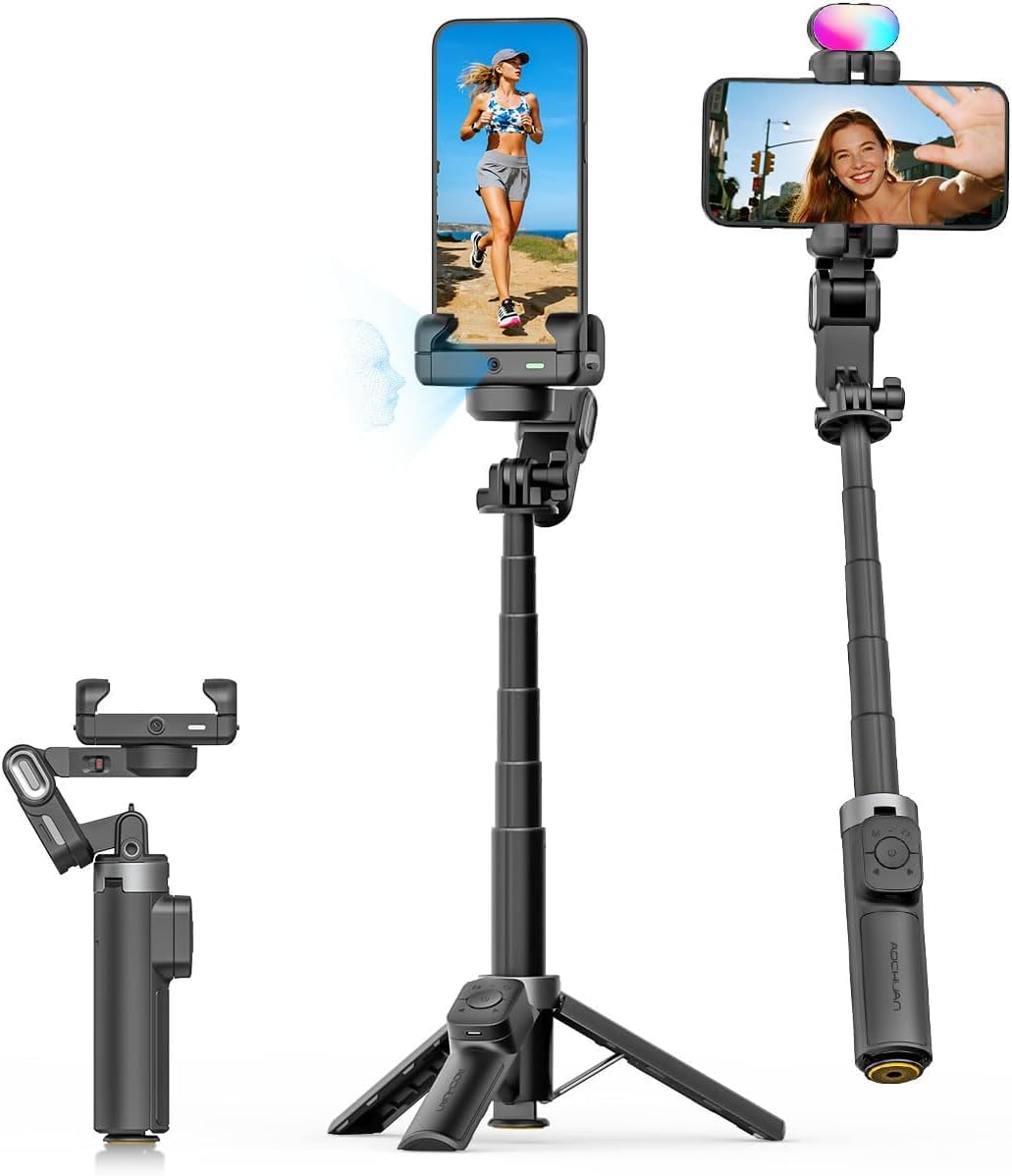 AOCHUAN M3 Pro Mini Gimbal Stabilizator do Telefonu 4w1 z AI Śledzeniem, Pilotem Magnetycznym i Selfie Stick 68,5 cm – Czarny