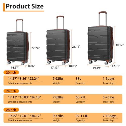 3 Piece Suitcase Set, Hardshell Luggage Set Expandable (20''/24''/28''), ABS Carry On Suitcase With TSA Locks, Lightweight Hardside Luggage With Double Spinner Wheels4