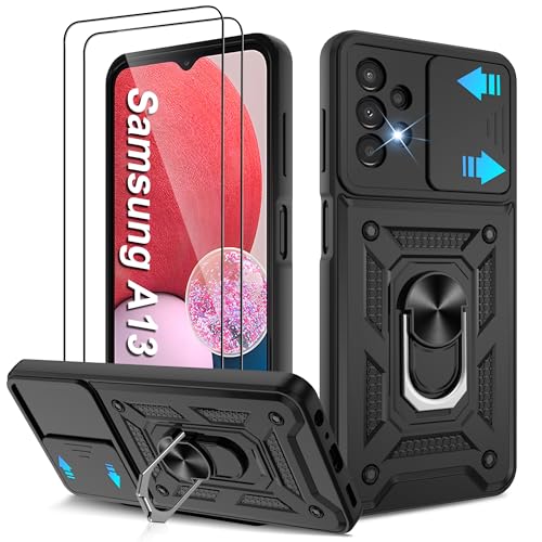 for Galaxy A13-4G Case, Samsung Galaxy A13 4G Case with [2 Pcs] HD Screen Protector, Heavy Duty Shockproof with 360° Rotation Kickstand [Military Grade] Protective Case for A13 4G, Black