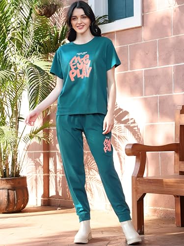 Image of ZEYO Night Suit for Womens Typography Printed Cotton Night Dress of Top and Joggers