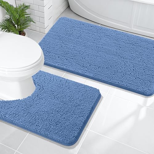 Image of OLANLY Bathroom Rugs Sets 2 Piece, Soft Absorbent Chenille Bath Mats and U-Shaped Contour Toilet Rug Set, Machine Washable Bath Carpet, Home Decor Accessories(47 inchx20 inch+24 inchx20 inch, Cornflower Blue)