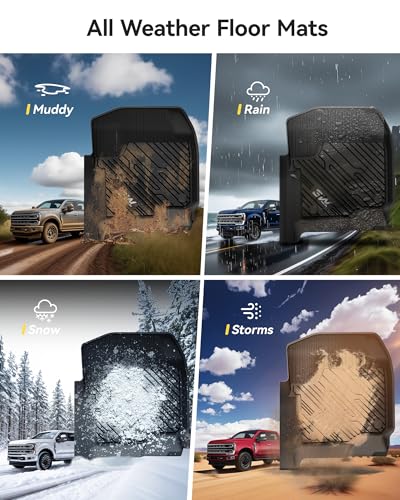 Image of 3W Floor Mats Fit for Ford F250 F350 F450 F550 2017-2025 2026 Super Duty Crew Cab with Under Seat Storage, All Weather TPE Custom Fit F 250 Floor Liner(Not for Vinyl Floor), Front Row,2-pc Black