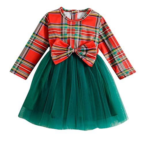 Toddler Baby Girl Tutu Dress 18-24 Months Thermal Long Sleeve Plaid Net Gauze Skirt Cute Casual Green Christmas Party Holiday Outdoors New Year Winter 1PC